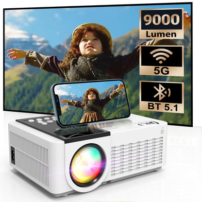 5G Wifi Projector with Bluetooth 5.1, 9000 Lumens HD Movie Projector, 1080P 250'' Display Supported