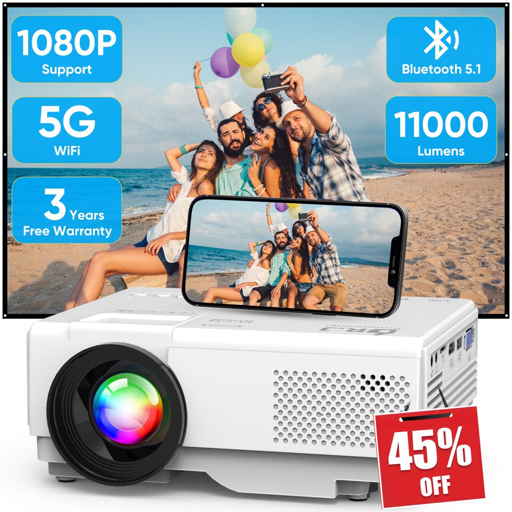 Projector with 5G Wifi and Bluetooth 5.1, Support 1080P Mini Projector for Outdoor 11000 Lumen Movie Projector